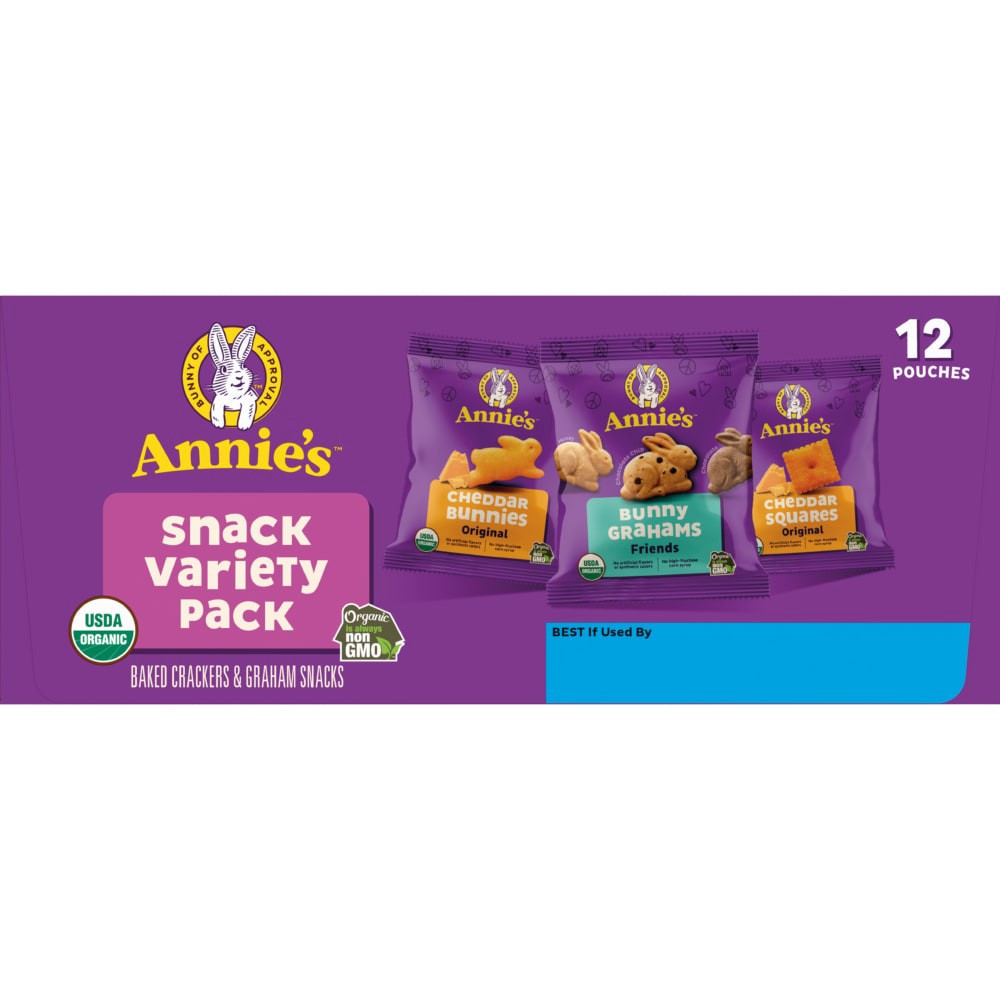 slide 3 of 6, Annie's Organic Variety Pack, Cheddar Bunnies, Bunny Grahams and Cheddar Squares, 12 Pouches, 11 oz, 12 ct