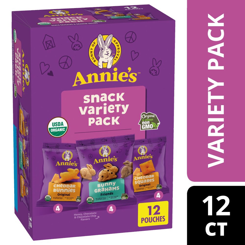 slide 4 of 6, Annie's Organic Variety Pack, Cheddar Bunnies, Bunny Grahams and Cheddar Squares, 12 Pouches, 11 oz, 12 ct