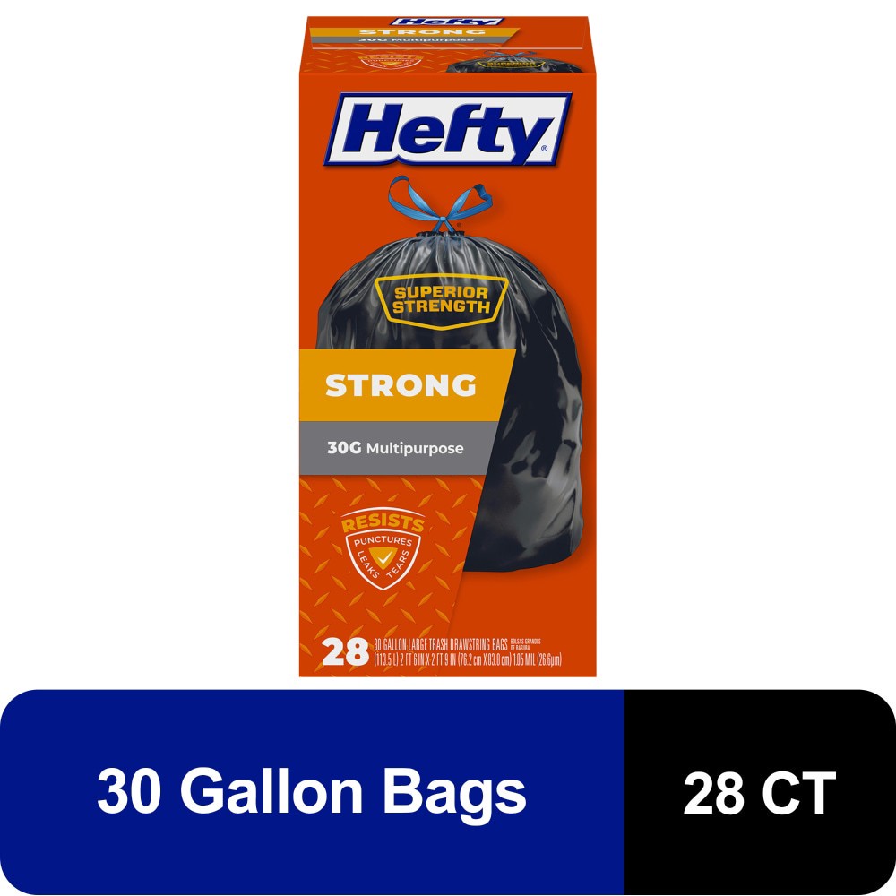 slide 3 of 6, Hefty® Strong 30-Gallon Multi-Purpose Large Drawstring Trash Bags, 28 ct