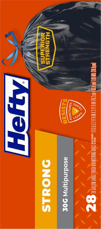 slide 3 of 4, Hefty Trash Bags, Multipurpose, Drawstring, Large, 30 Gallon, 28 ct