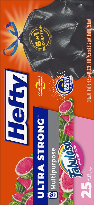 slide 2 of 4, Hefty Ultra Strong 30 Gallon Multipurpose Fabuloso Watermelon Large Drawstring Bags 25 Bags, 25 ct