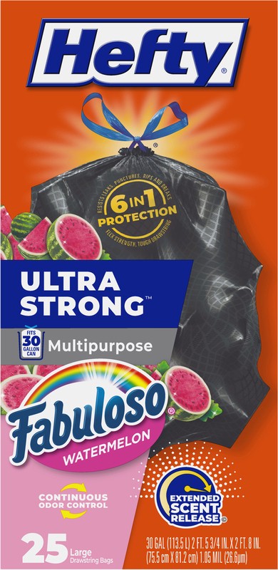 slide 3 of 4, Hefty Ultra Strong 30 Gallon Multipurpose Fabuloso Watermelon Large Drawstring Bags 25 Bags, 25 ct