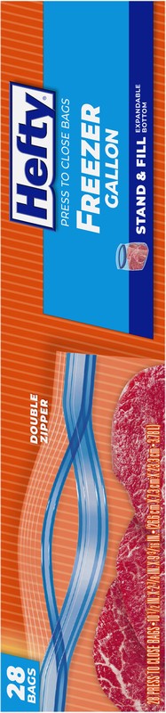 slide 4 of 4, Hefty Double Zipper Freezer Gallon Press to Close Bags 28 Bags, 28 ct