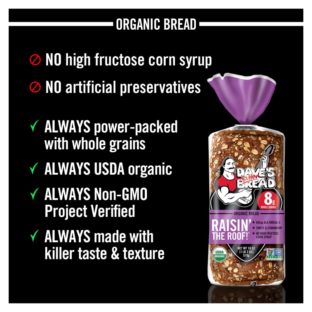 slide 3 of 6, Dave's Killer Bread Breakfast Bread, Organic, Raisin the Roof, 18 oz
