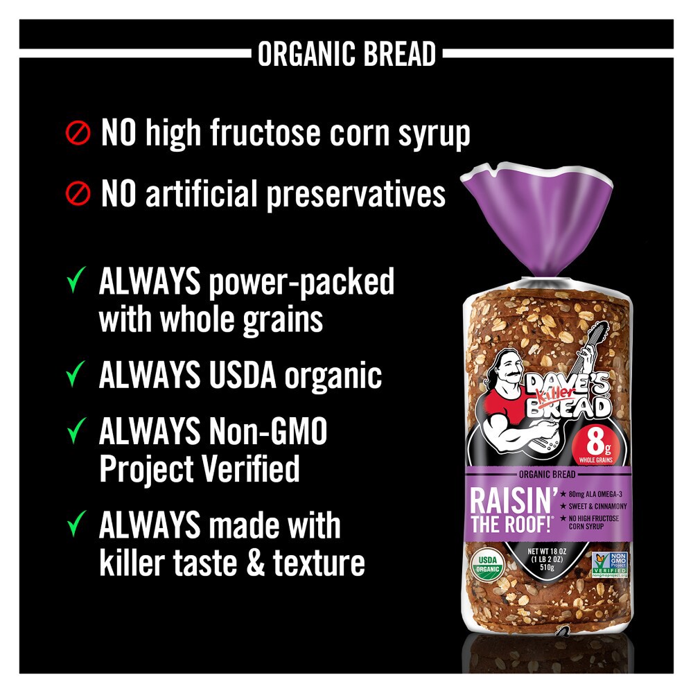 slide 3 of 6, Dave's Killer Bread Breakfast Bread, Organic, Raisin the Roof, 18 oz