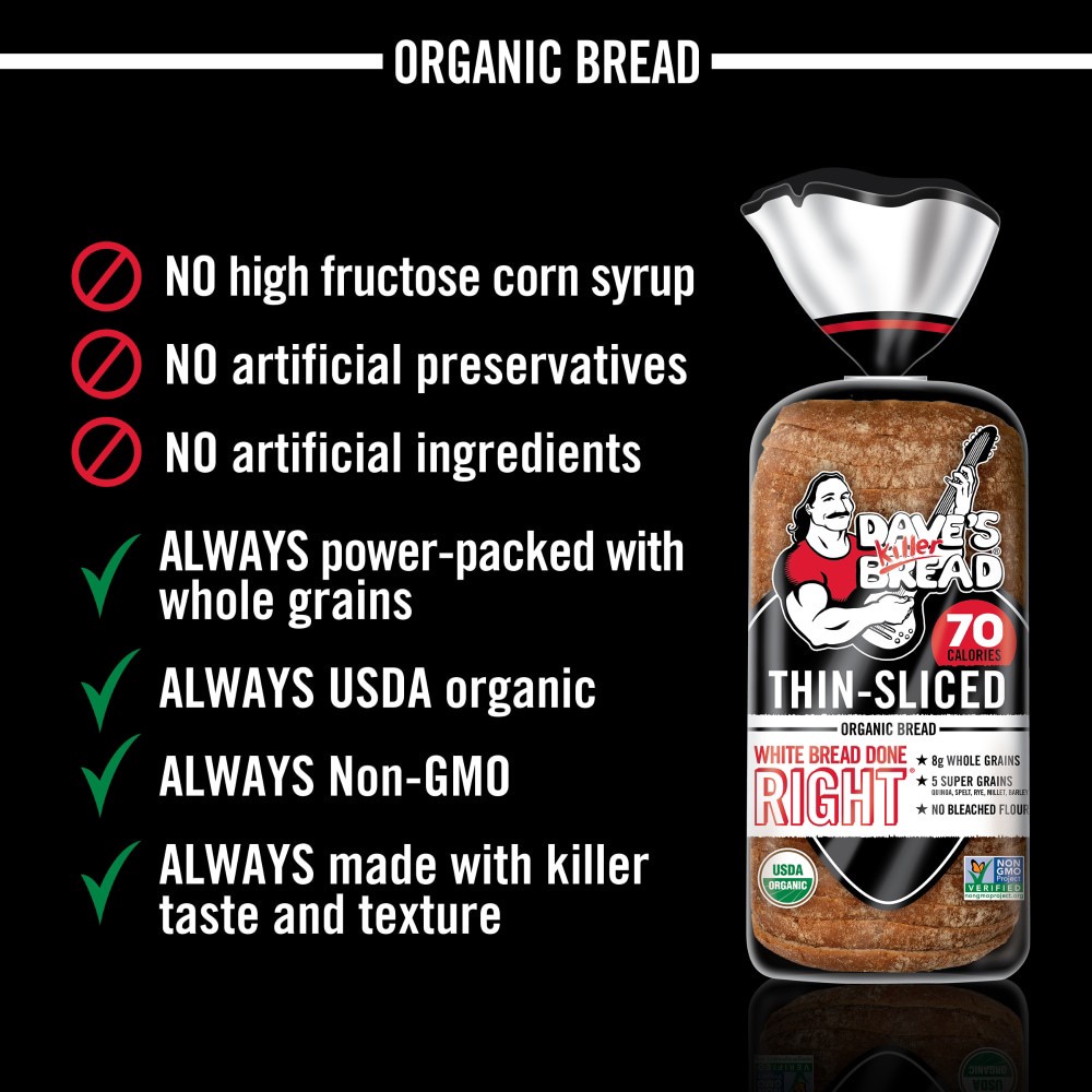 slide 6 of 6, Dave's Killer Bread Bread, Organic, White Bread Done Right, Thin-Sliced, 20.5 oz