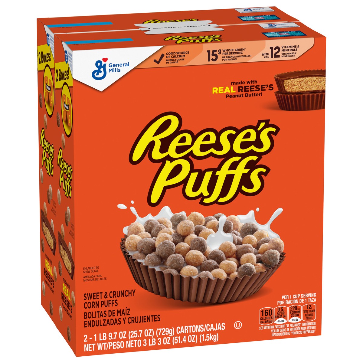 slide 4 of 13, REESE'S PUFFS Chocolatey Peanut Butter Cereal, Kid Breakfast Cereal, 2 Boxes, 51.4 oz, 2 ct