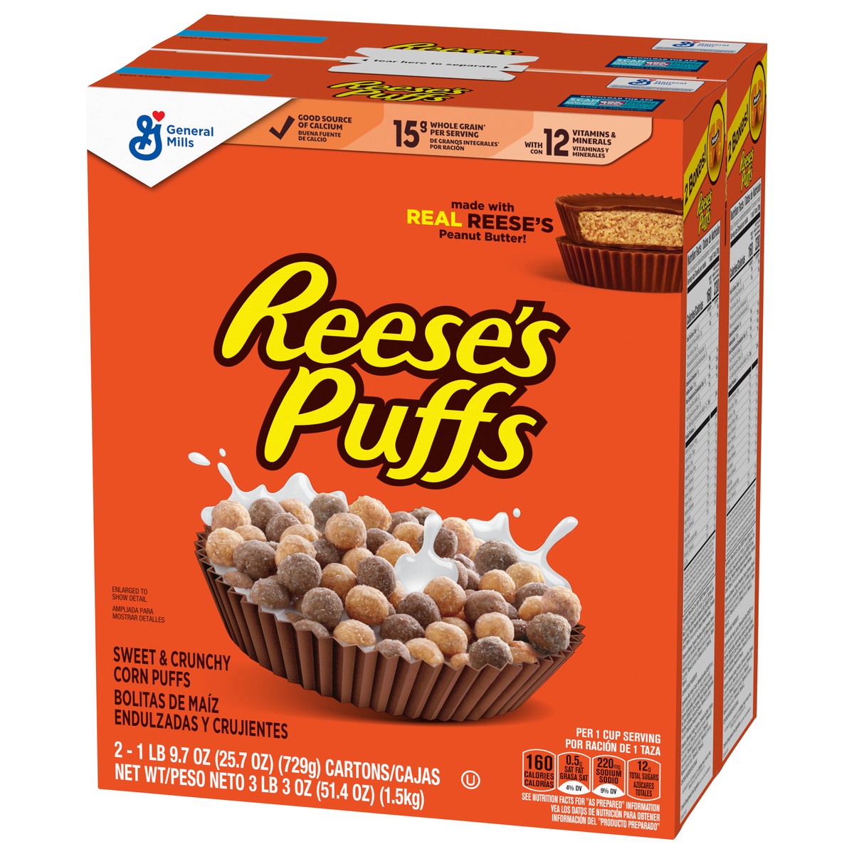 slide 3 of 13, REESE'S PUFFS Chocolatey Peanut Butter Cereal, Kid Breakfast Cereal, 2 Boxes, 51.4 oz, 2 ct