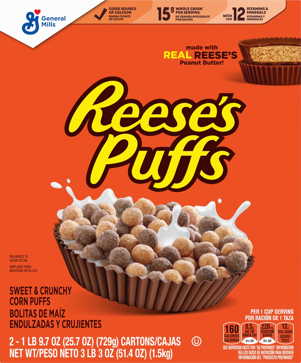 slide 6 of 13, REESE'S PUFFS Chocolatey Peanut Butter Cereal, Kid Breakfast Cereal, 2 Boxes, 51.4 oz, 2 ct