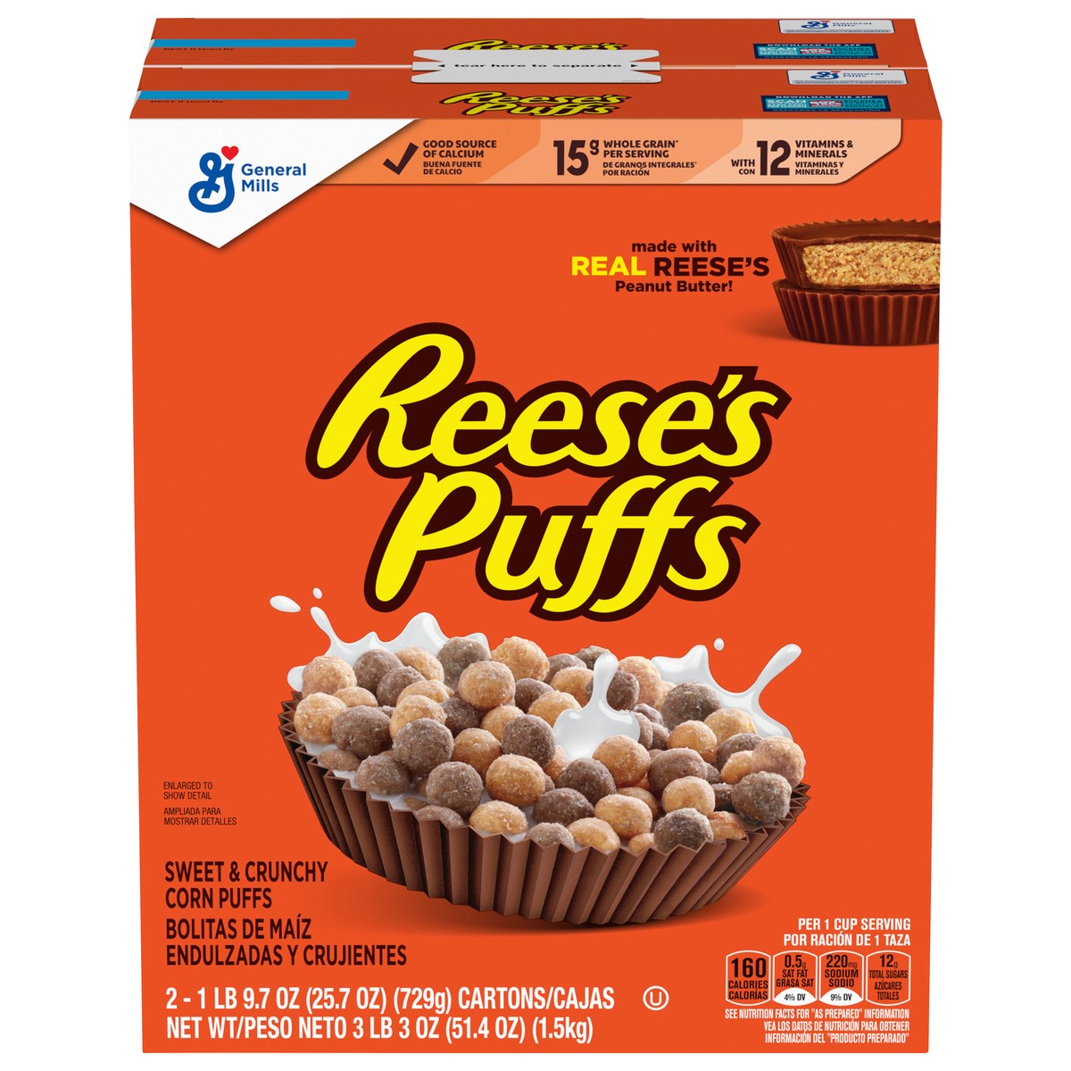 slide 8 of 13, REESE'S PUFFS Chocolatey Peanut Butter Cereal, Kid Breakfast Cereal, 2 Boxes, 51.4 oz, 2 ct