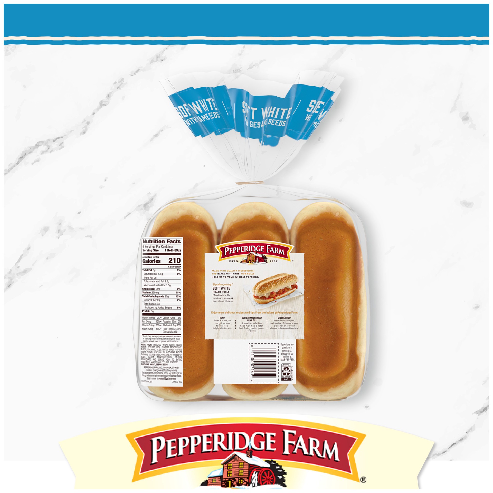 slide 3 of 5, Pepperidge Farm Bakery Classics Soft White with Sesame Seeds Hoagie Rolls, 6-Pack Bag, 14.5 oz