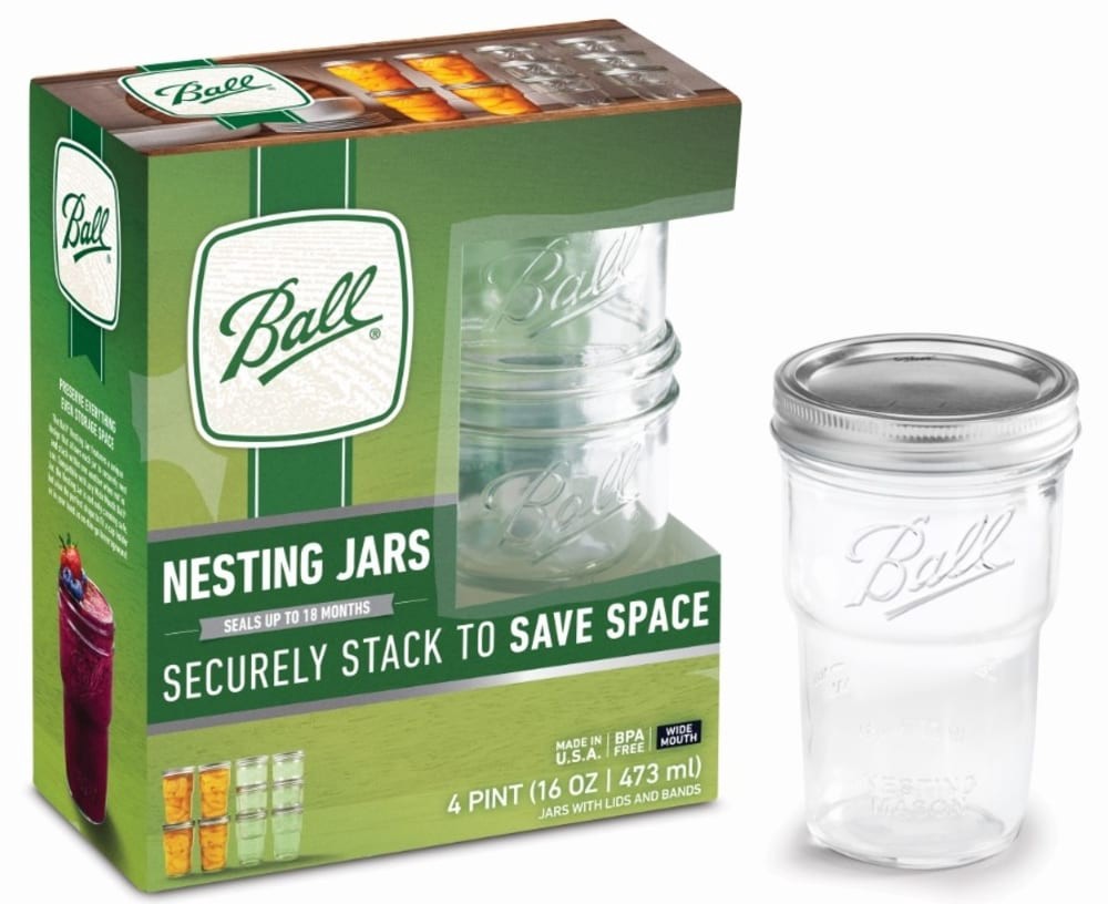 slide 3 of 3, Ball Nesting Mason Jar Set with Lids & Bands for Canning or Drinkware, Wide Mouth, Pint, 4 ct