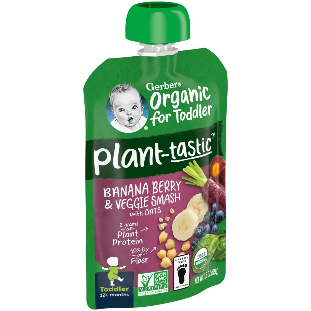 slide 4 of 8, Gerber Plant-tastic Toddler (12+ Months) Organic Banana Berry & Veggie Smash with Oats 3.5 oz, 3.5 oz