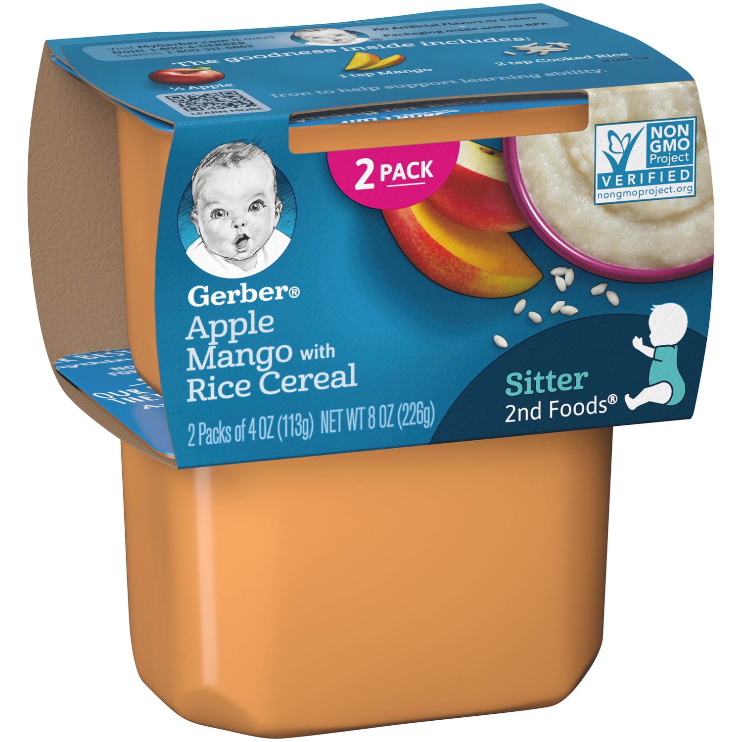 slide 3 of 8, Gerber 2nd Foods Baby Foods, Apple Mango with Rice Cereal, 4 oz Tub (2 Pack), 8 oz