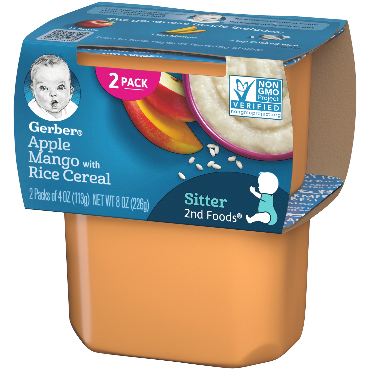 slide 4 of 8, Gerber 2nd Foods Baby Foods, Apple Mango with Rice Cereal, 4 oz Tub (2 Pack), 8 oz