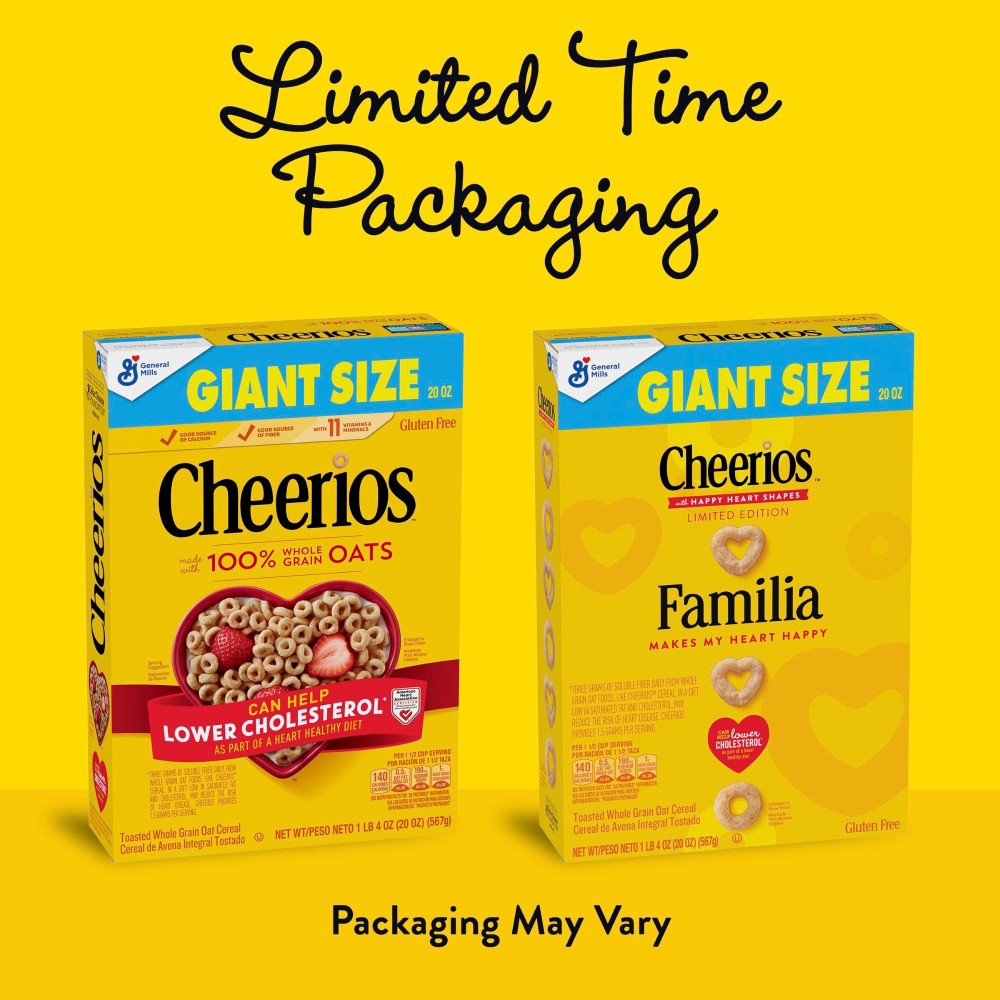 slide 2 of 6, Cheerios Cereal, Limited Edition Happy Heart Shapes, Heart Healthy Cereal with Whole Grain Oats, Giant Size, 20 oz, 20 oz