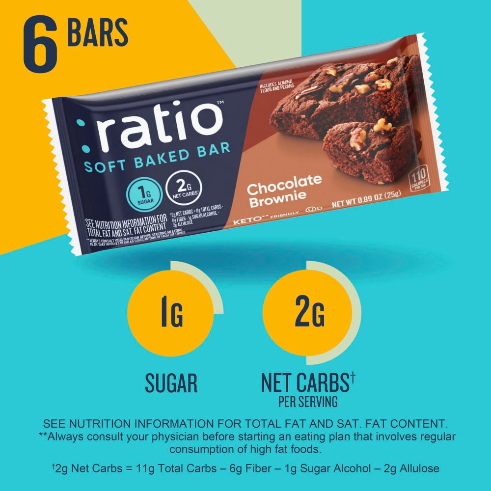 slide 3 of 6, :ratio Soft Baked Bars, Chocolate Brownie, 1g Sugar, Keto Friendly, 5.34 OZ (6 Bars), 6 ct