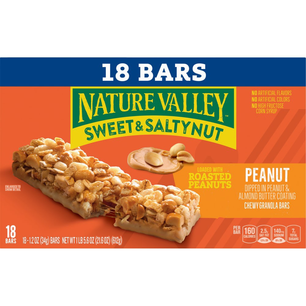 slide 3 of 6, Nature Valley Granola Bars, Sweet and Salty Nut, Peanut, 18 Bars, 21.6 OZ, 18 ct