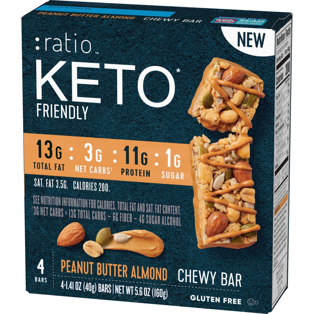 slide 4 of 6, :ratio Keto Friendly Peanut Butter Almond Chewy Bars 4 Count, 4 ct