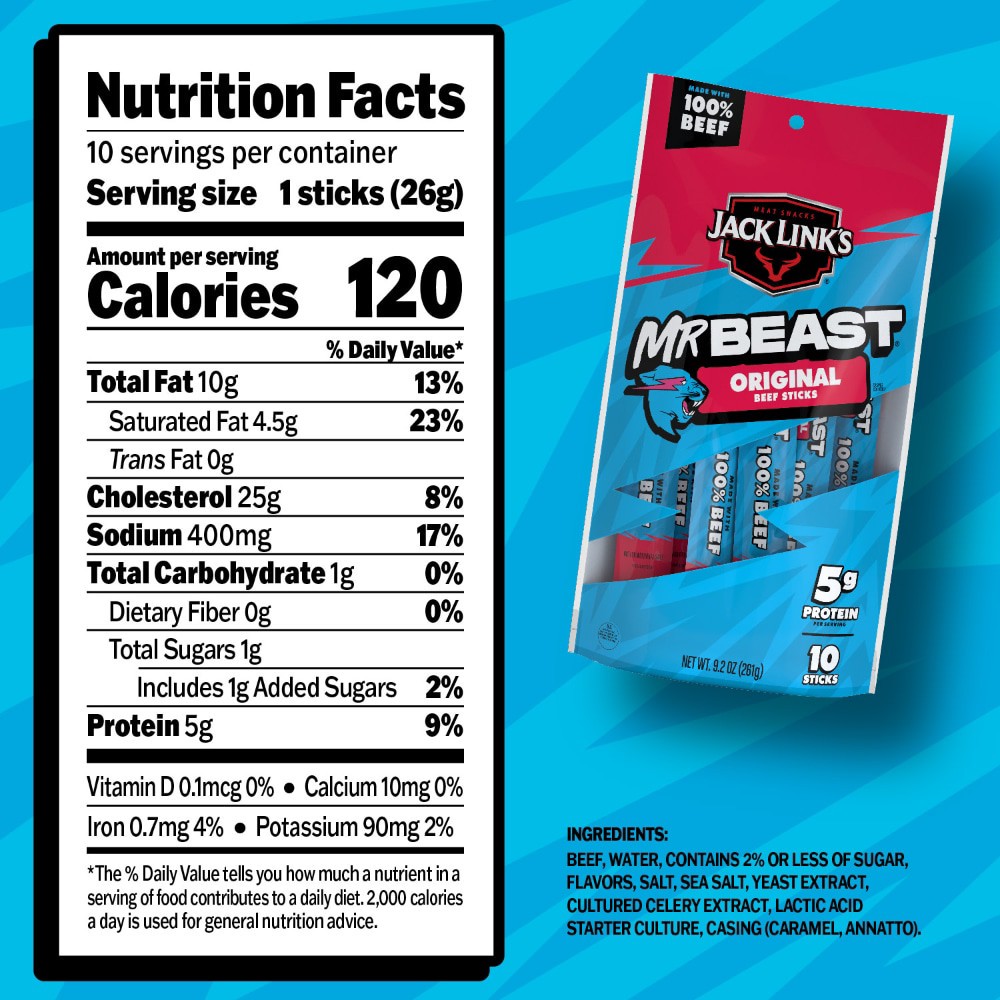 slide 4 of 6, Jack Link's's x MrBeast Original Beef Sticks, 9.2 oz, 10 Pack of 0.92 oz Meat Sticks, 9.2 oz