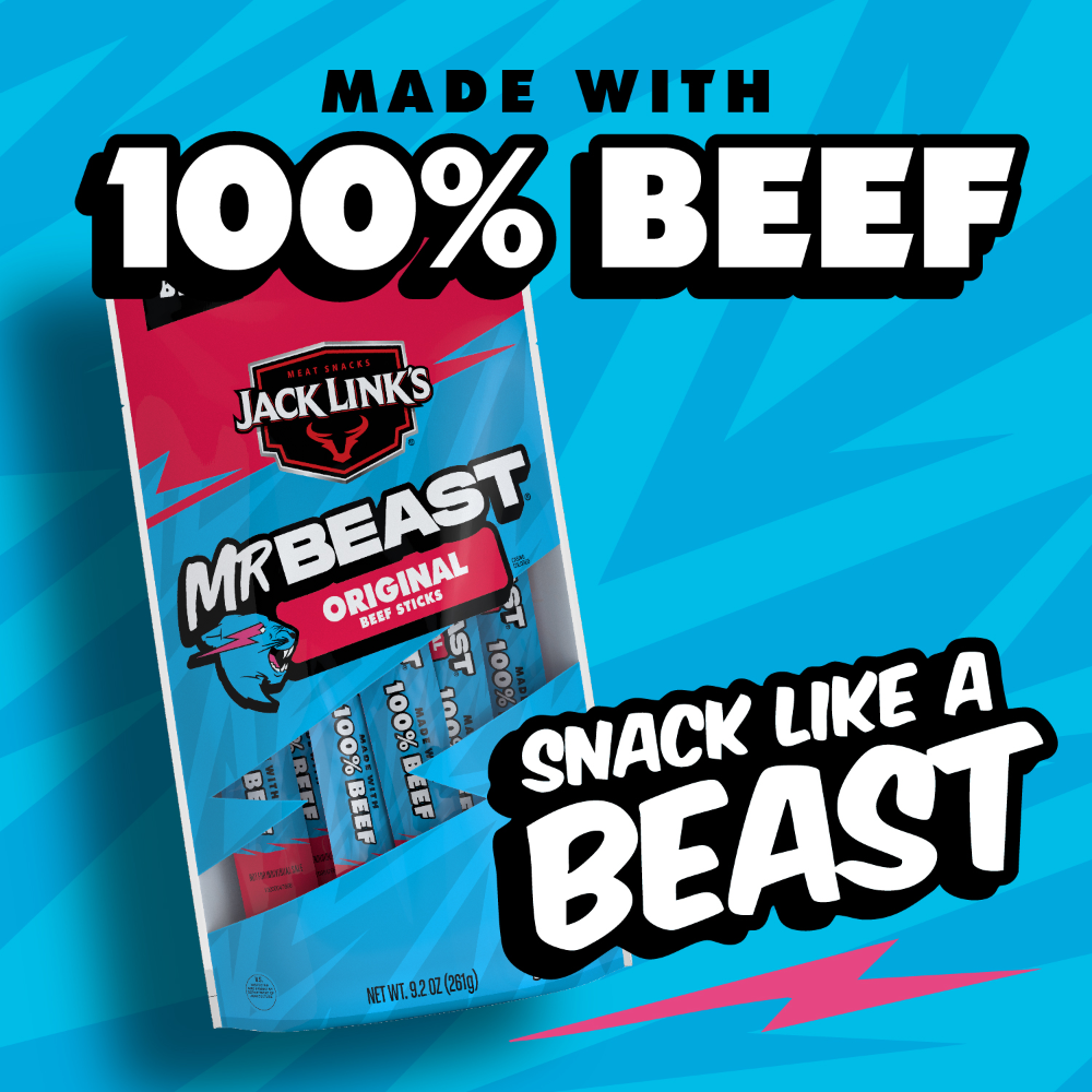 slide 3 of 6, Jack Link's's x MrBeast Original Beef Sticks, 9.2 oz, 10 Pack of 0.92 oz Meat Sticks, 9.2 oz