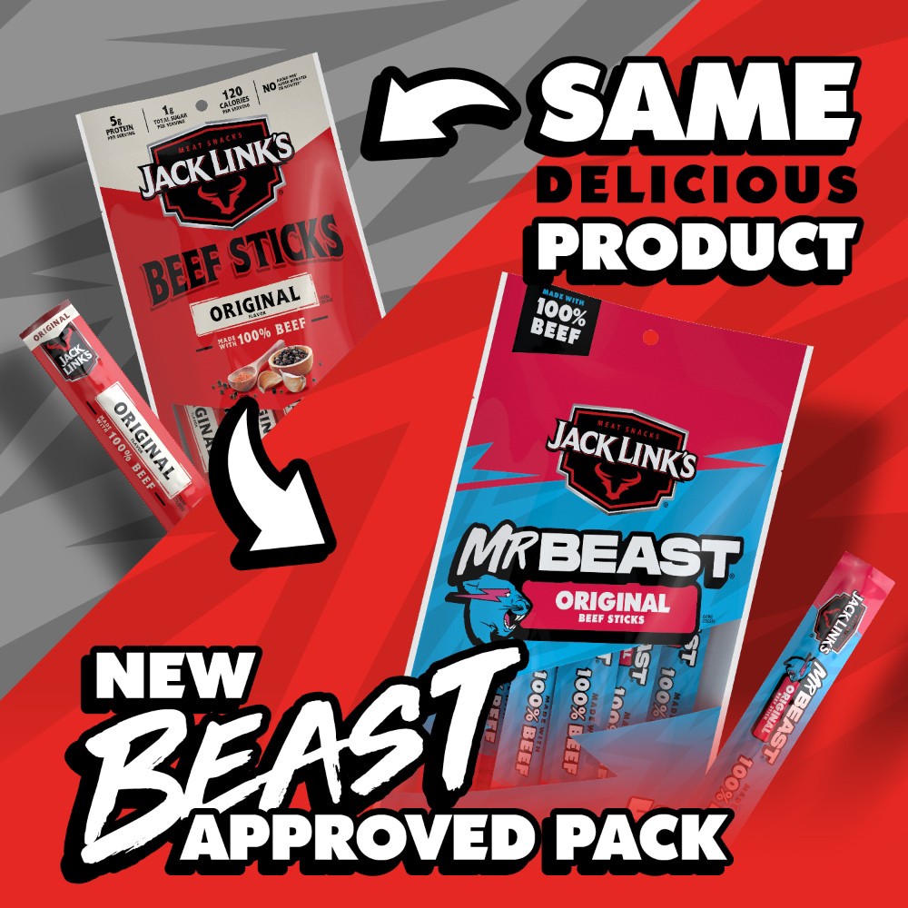 slide 6 of 6, Jack Link's's x MrBeast Original Beef Sticks, 9.2 oz, 10 Pack of 0.92 oz Meat Sticks, 9.2 oz