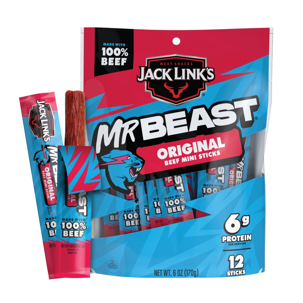 slide 1 of 1, Jack Link's x MrBeast Original Mini Beef Sticks, 6 ounce bag of (12) .5 ounce sticks, 12 ct / 6 oz, 12 ct