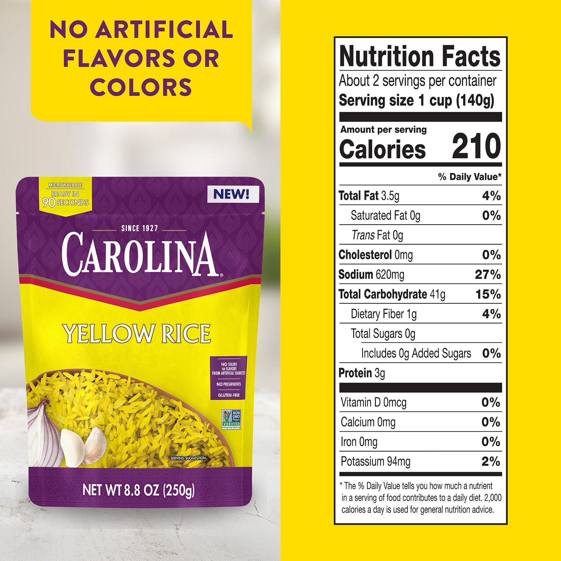 slide 5 of 5, Carolina Yellow Rice, Ready to Heat 90 Seconds, Gluten Free, Microwaveable Rice, 8.8 oz, 8.8 oz