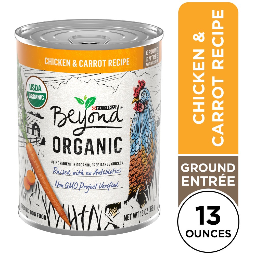 slide 3 of 3, Beyond Purina Beyond Organic Wet Dog Food, Organic Chicken & Carrot Adult Recipe Ground Entrée With Broth - 13 oz. Can, 13 oz