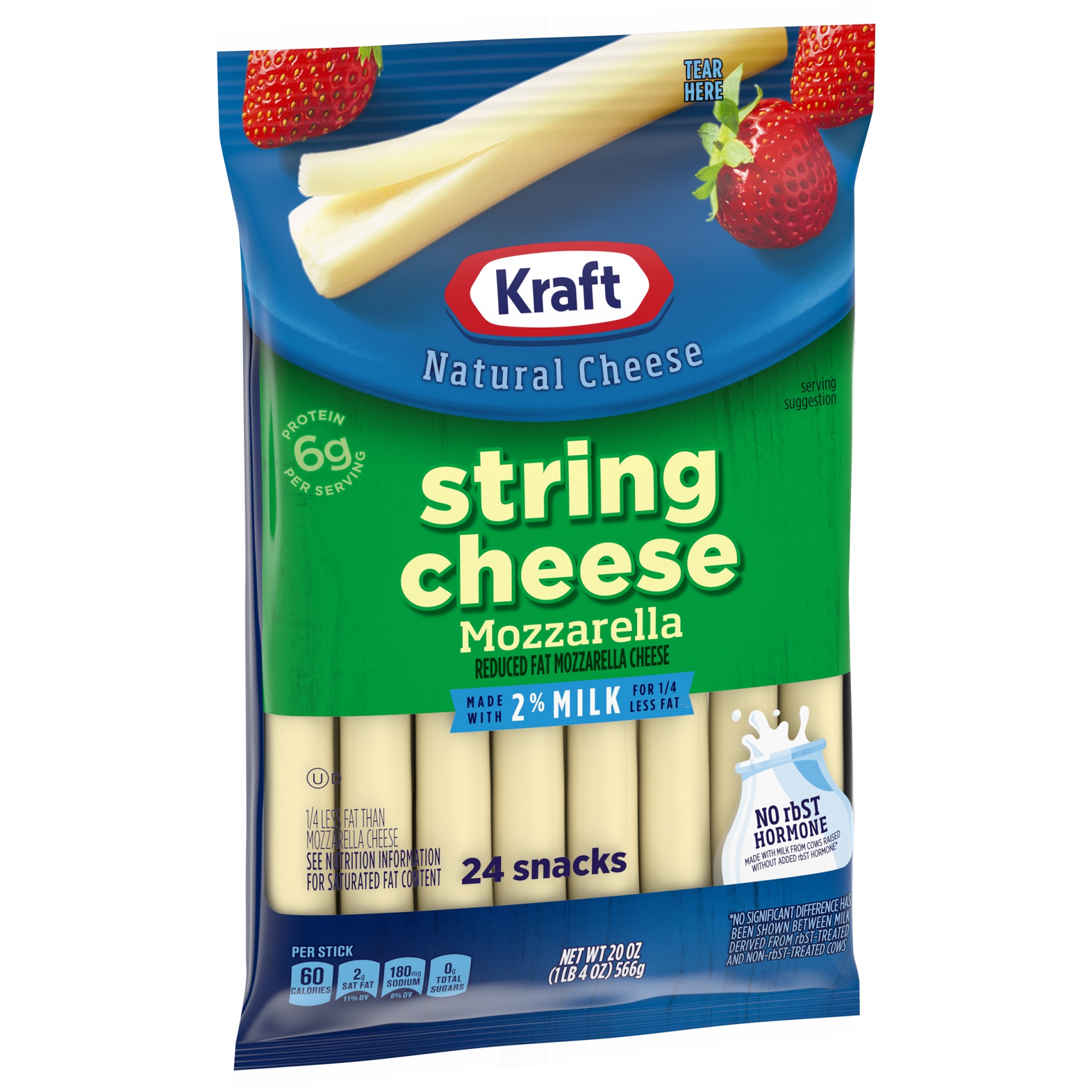 slide 3 of 6, Kraft String Cheese Mozzarella Cheese Snacks with 2% Milk, 24 ct Sticks, 24 ct