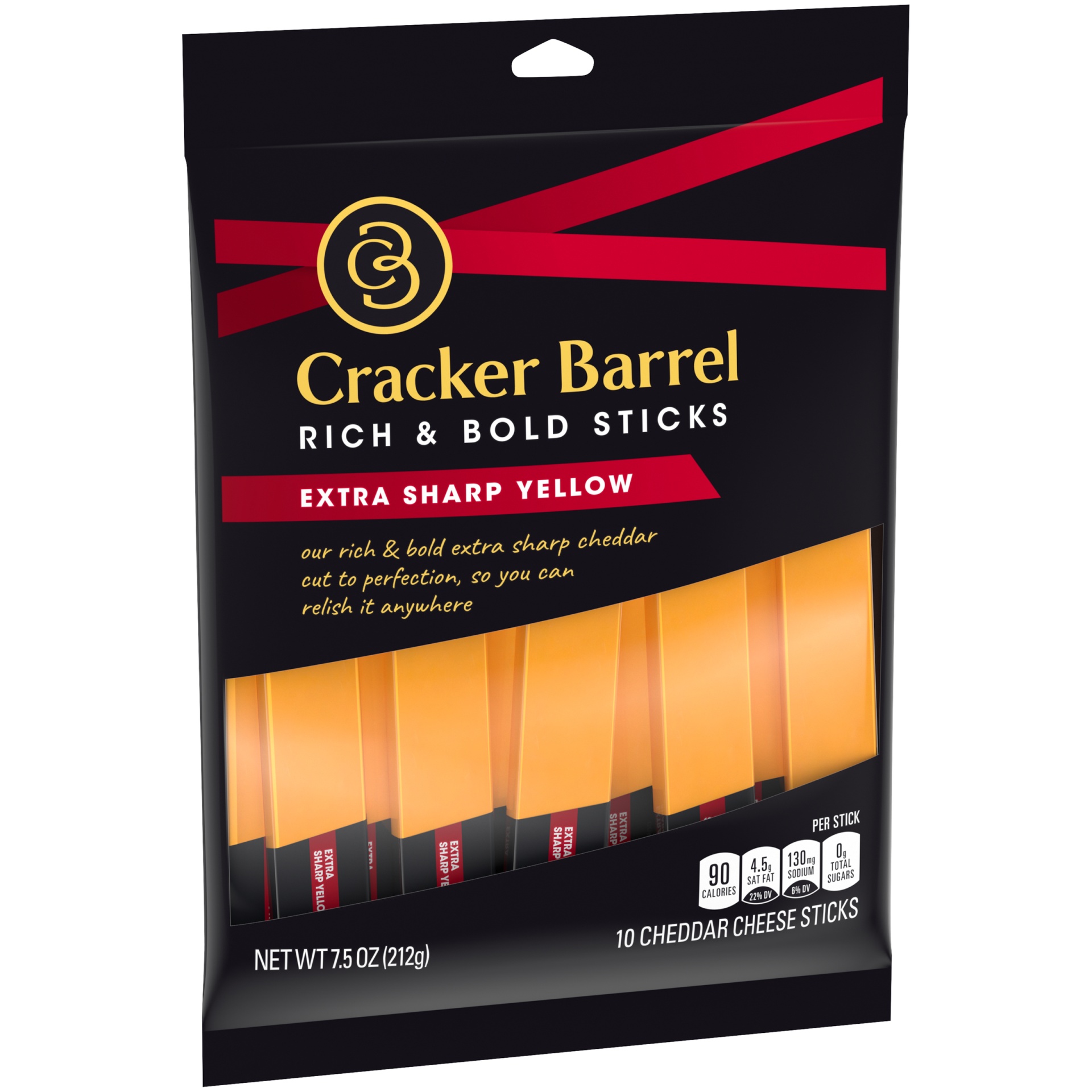 slide 2 of 6, Cracker Barrel Rich & Bold Extra Sharp Yellow Cheddar Cheese Snacks, 10 ct Sticks, 10 ct