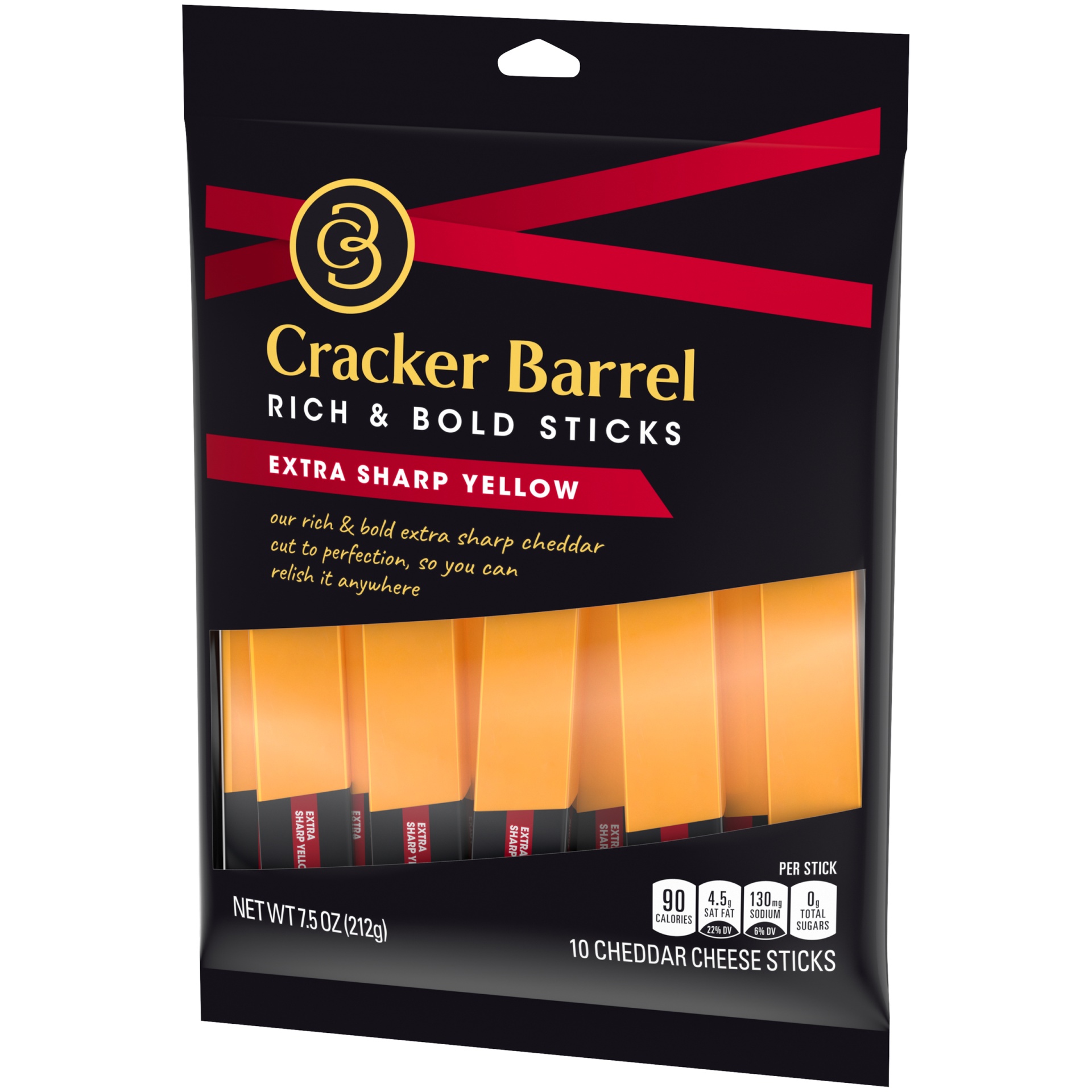 slide 3 of 6, Cracker Barrel Rich & Bold Extra Sharp Yellow Cheddar Cheese Snacks, 10 ct Sticks, 10 ct