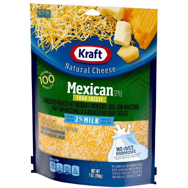 slide 3 of 6, Kraft Mexican Style Four Cheese Blend Shredded Cheese with 2% Milk, 7 oz Bag, 7 oz