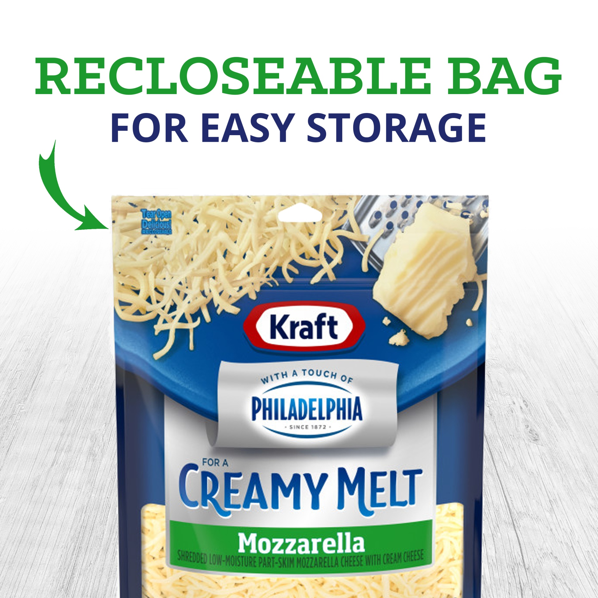 slide 3 of 10, Kraft Mozzarella Shredded Cheese with a Touch of Philadelphia for a Creamy Melt, 8 oz Bag, 8 oz