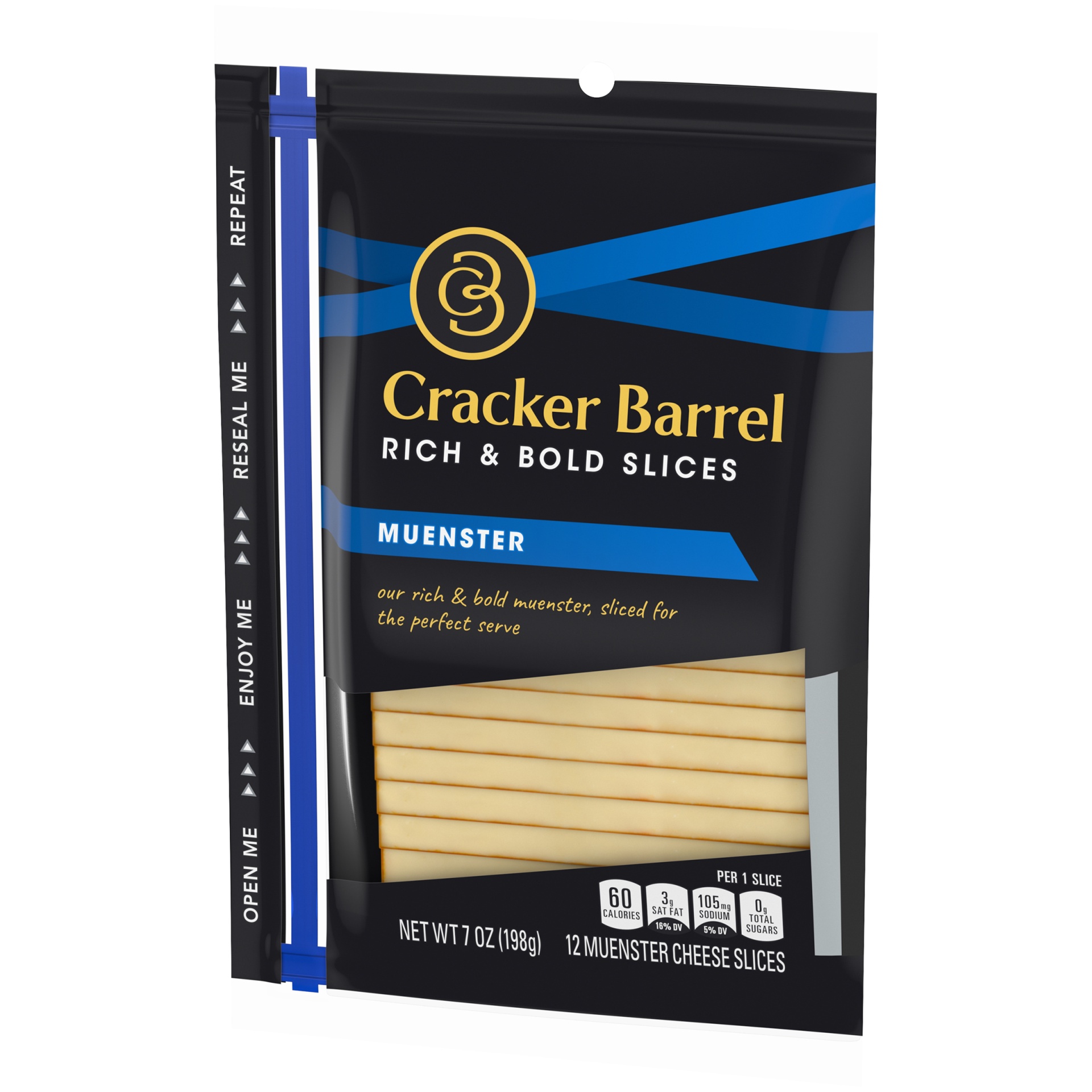 slide 3 of 6, Cracker Barrel Rich & Bold Muenster Cheese Slices Pack, 7 oz