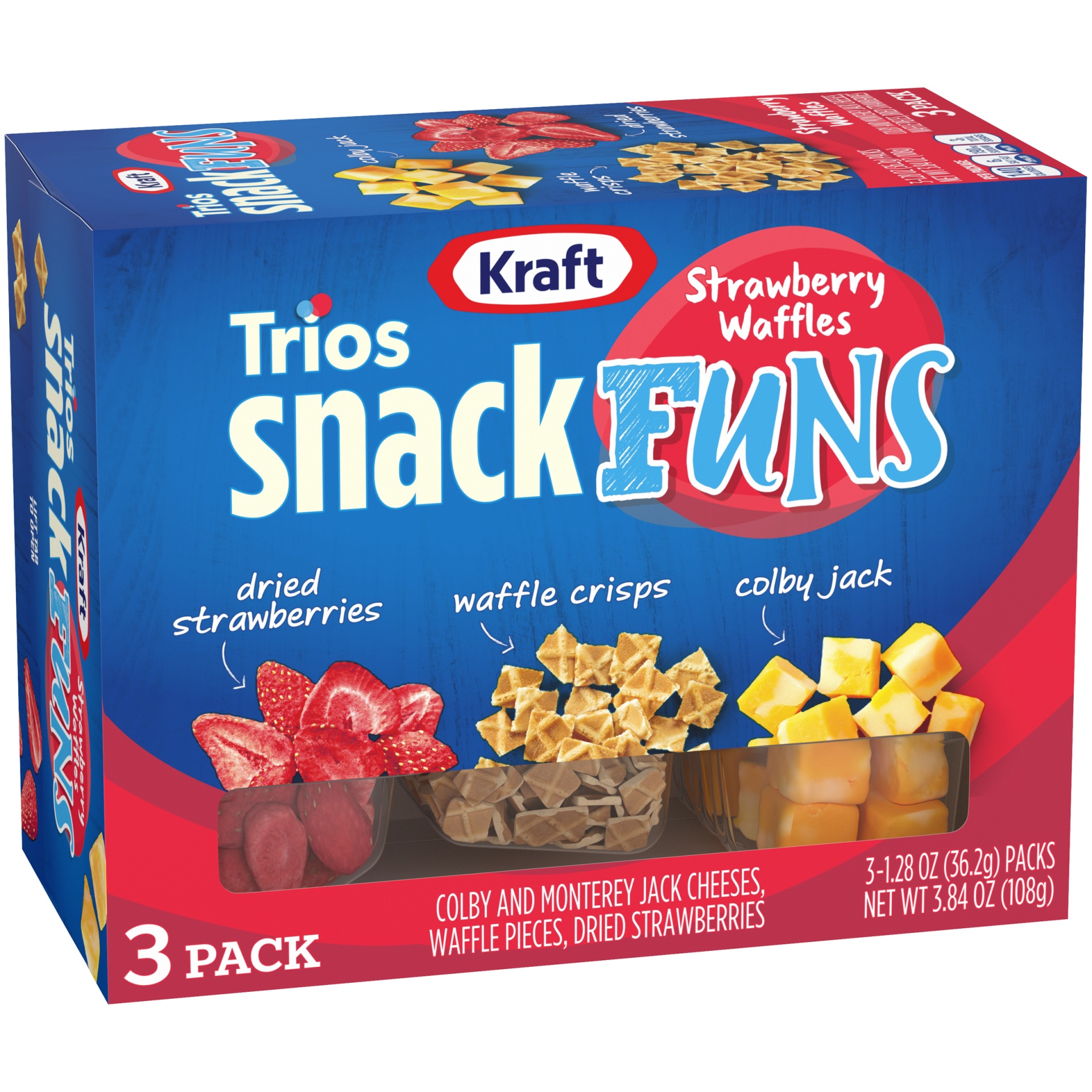 slide 3 of 6, Kraft Trios SnackFuns Strawberry Waffles Snack Packs with Colby & Monterey Jack Cheeses, Waffle Pieces & Dried Strawberries Trays, 3 ct; 1.28 oz