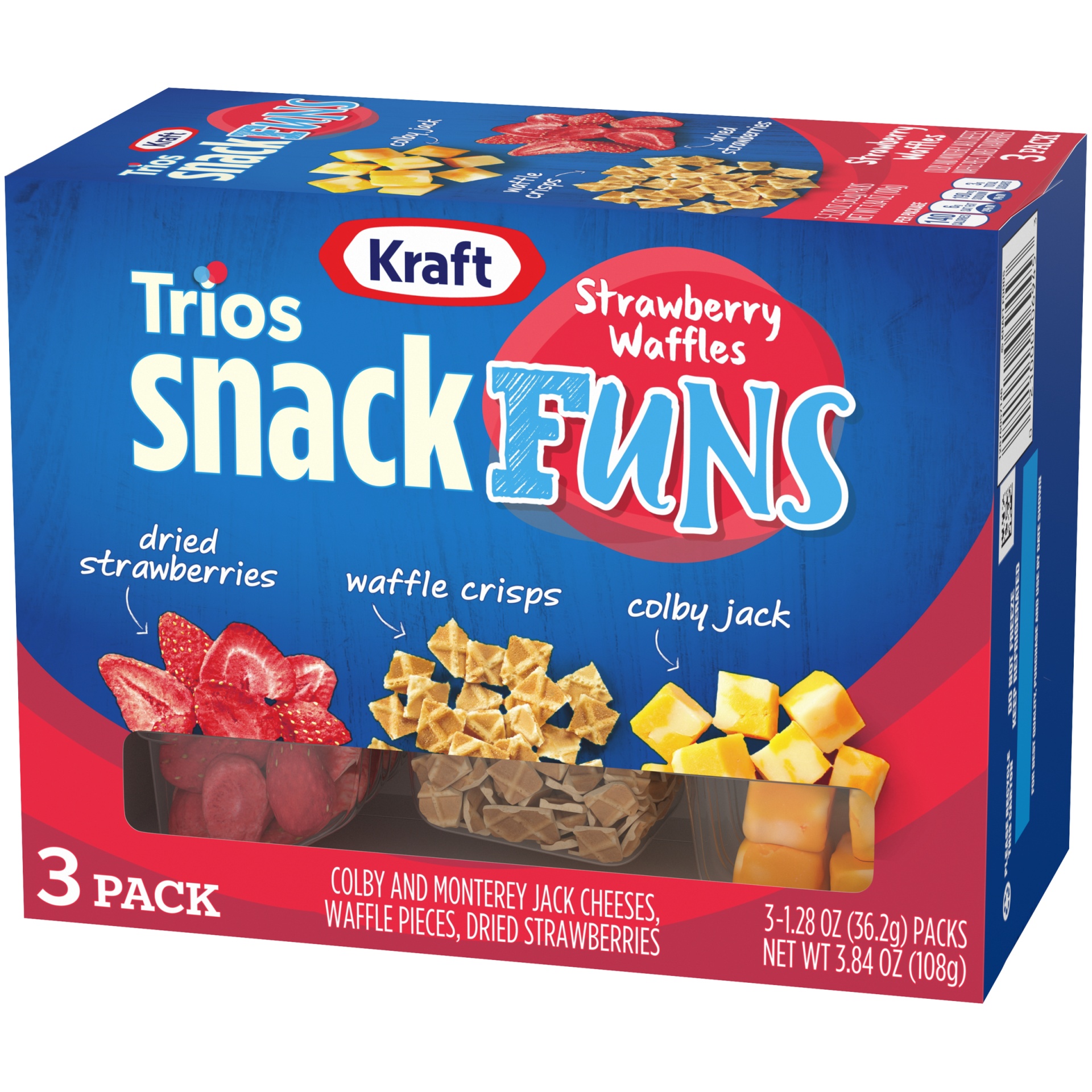 slide 4 of 6, Kraft Trios SnackFuns Strawberry Waffles Snack Packs with Colby & Monterey Jack Cheeses, Waffle Pieces & Dried Strawberries Trays, 3 ct; 1.28 oz