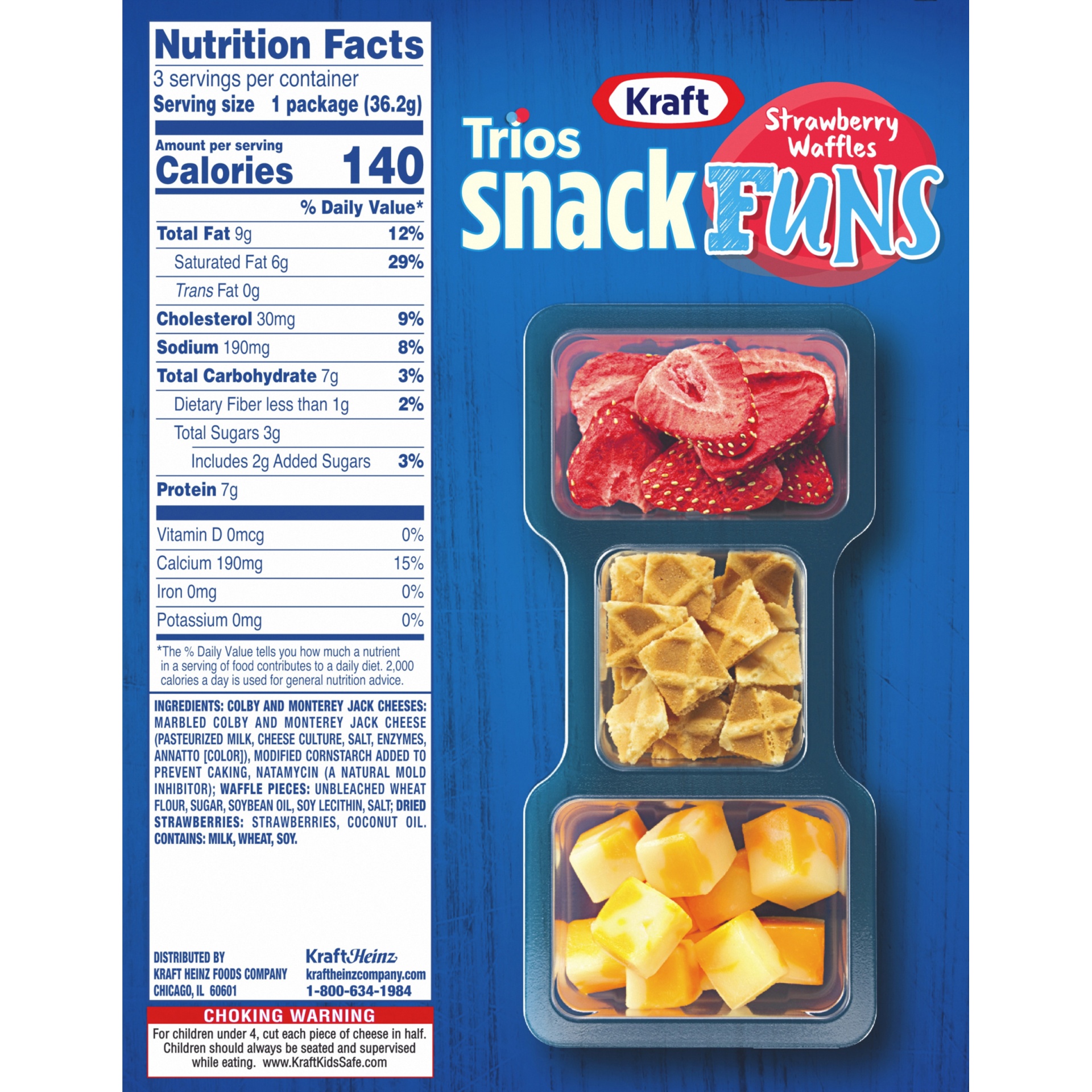 slide 5 of 6, Kraft Trios SnackFuns Strawberry Waffles Snack Packs with Colby & Monterey Jack Cheeses, Waffle Pieces & Dried Strawberries Trays, 3 ct; 1.28 oz