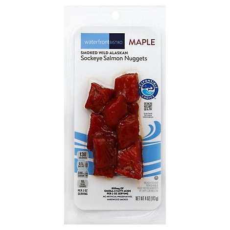 slide 1 of 1, waterfront BISTRO Salmon Nuggets Wild Alaskan Sockeye Smoked - 4 Oz, 4 oz