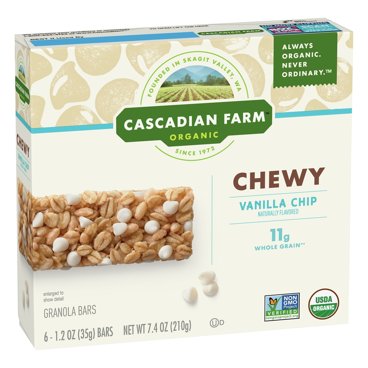 slide 2 of 10, Cascadian Farm Organic Granola Bars, Vanilla Chip Chewy Granola Bars, 6 Bars, 6 ct; 1.2 oz