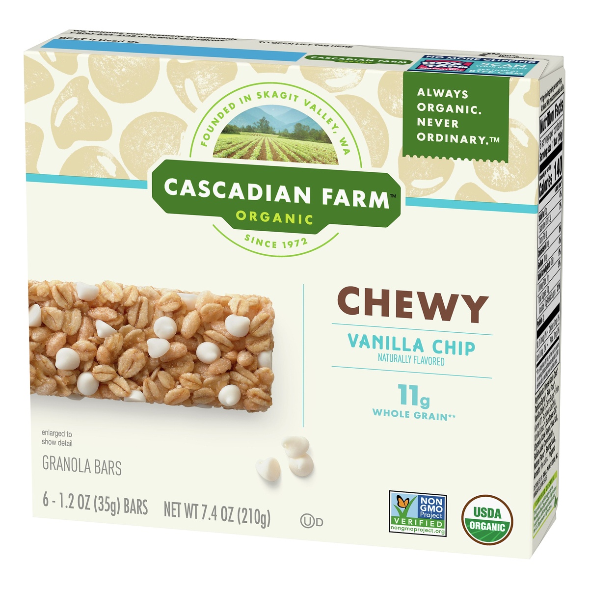 slide 3 of 10, Cascadian Farm Organic Granola Bars, Vanilla Chip Chewy Granola Bars, 6 Bars, 6 ct; 1.2 oz