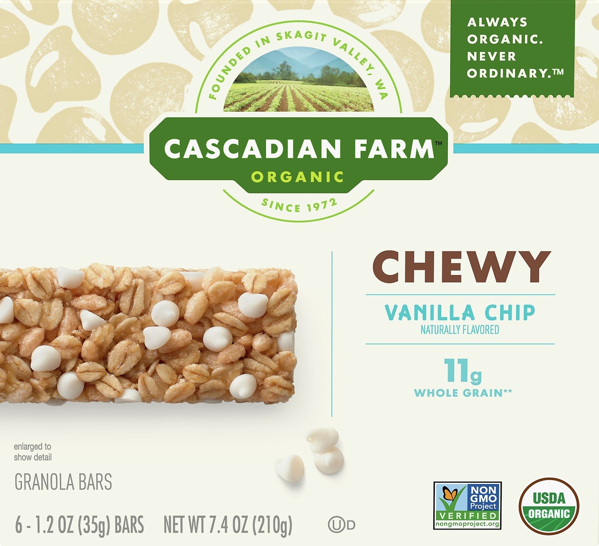 slide 9 of 10, Cascadian Farm Organic Granola Bars, Vanilla Chip Chewy Granola Bars, 6 Bars, 6 ct; 1.2 oz