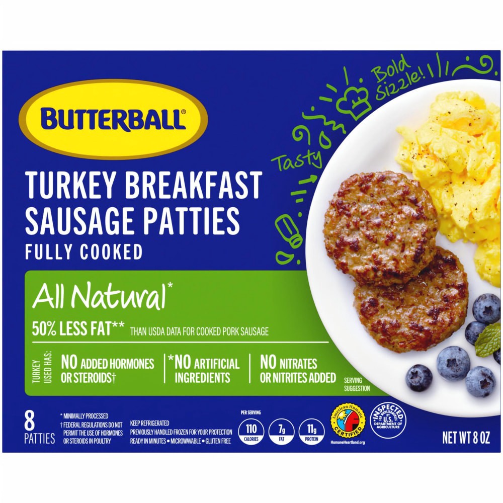 slide 3 of 6, Butterball All Natural Turkey Breakfast Sausage Patties, 8 Patties, 8 ct