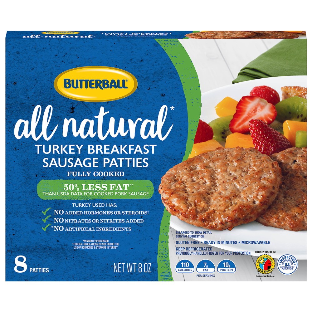 slide 1 of 6, Butterball All Natural Turkey Breakfast Sausage Patties, 8 Patties, 8 ct