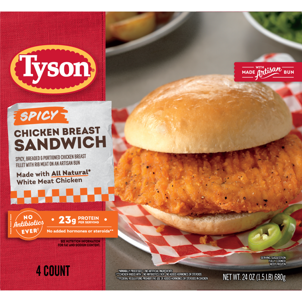 slide 2 of 5, Tyson Spicy Chicken Breast Sandwich, 24 oz, 4 ct Box, 680.39 g