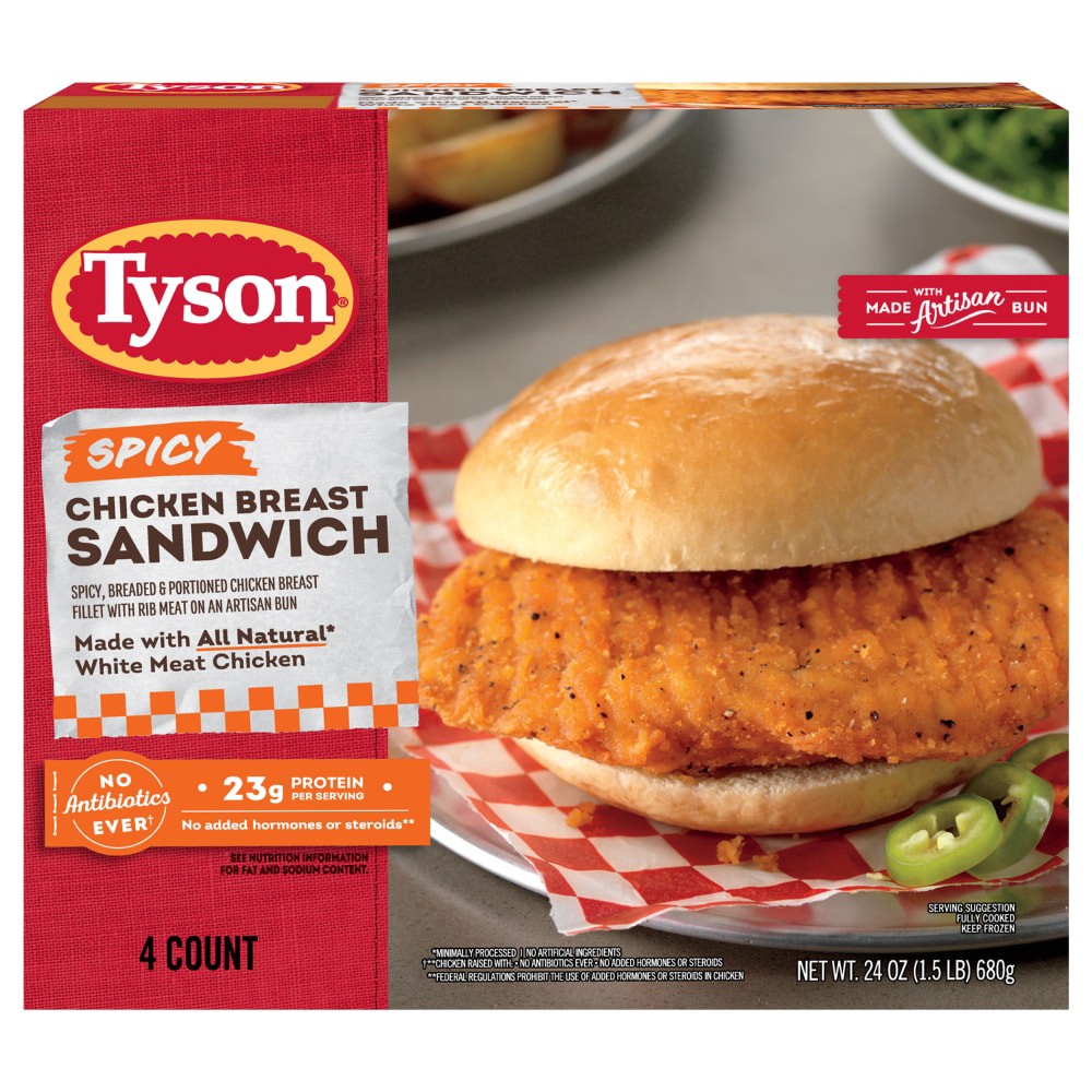 slide 3 of 5, Tyson Spicy Chicken Breast Sandwich, 24 oz, 4 ct Box, 680.39 g