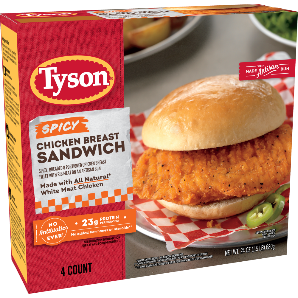 slide 5 of 5, Tyson Spicy Chicken Breast Sandwich, 24 oz, 4 ct Box, 680.39 g