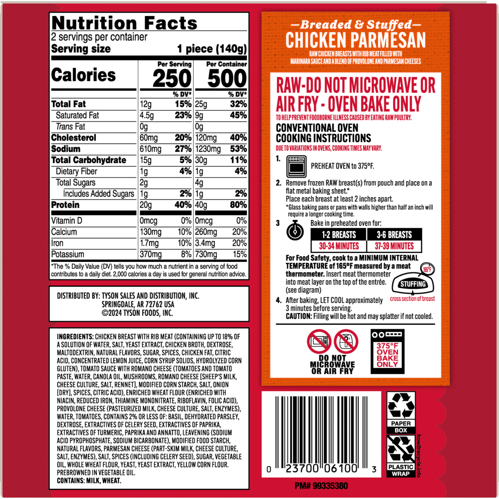 slide 6 of 6, Tyson Frozen Stuffed Chicken Breasts Chicken Parmesan, 2 Count, 2 ct