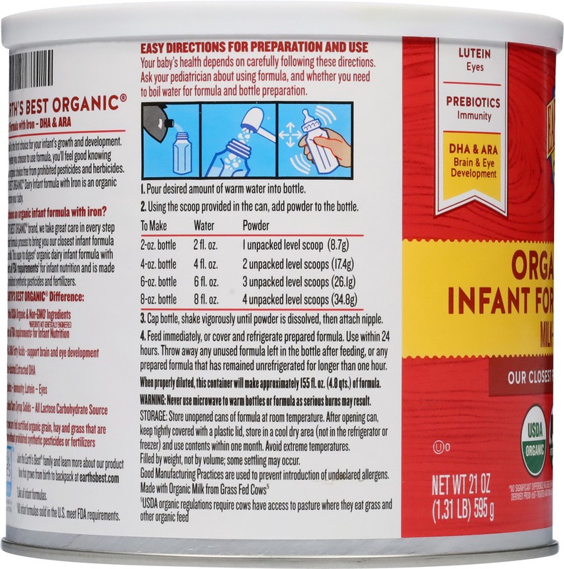 slide 3 of 5, Earth's Best Organic Organic Dairy Infant Formula with Iron 21 oz. Canister, 21 oz