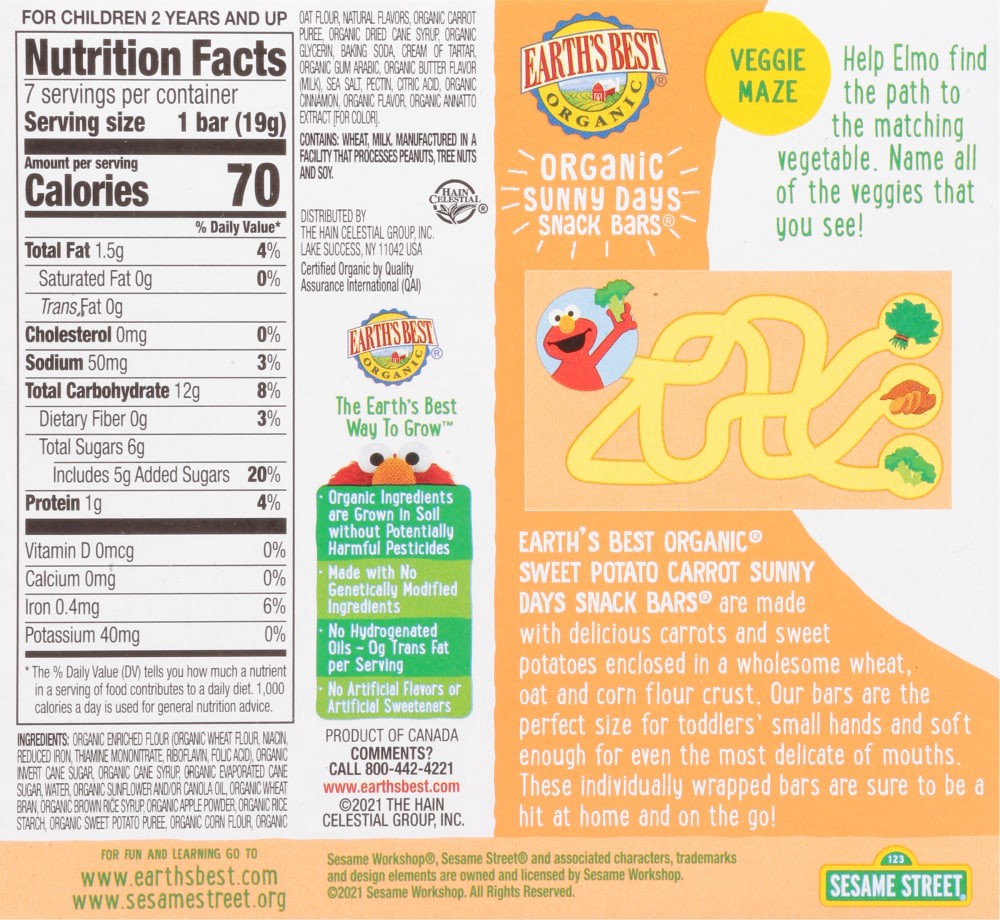slide 3 of 4, Earth's Best Organic Sunny Days Sweet Potato Carrot Snack Bars 7 - 0.67 oz Bars, 7 ct